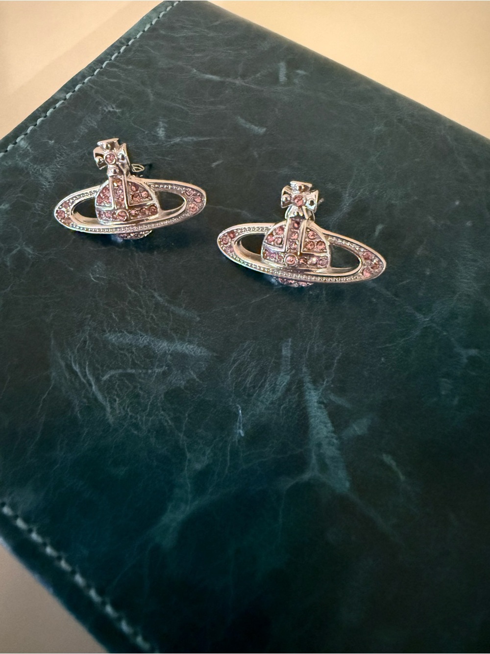 Vivienne Westwood Crystal Orb Stud Earrings Silver Pink Rose Saturn Logo